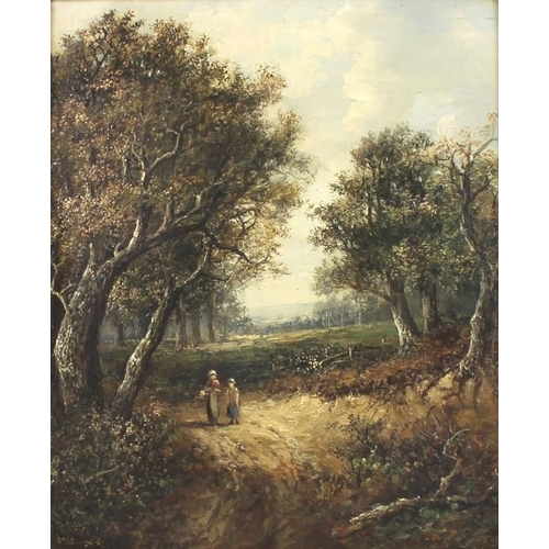 565A - Joseph Thors (British, 1843-1898): two girls walking on a woodland path, oil on board, signed lower ... 