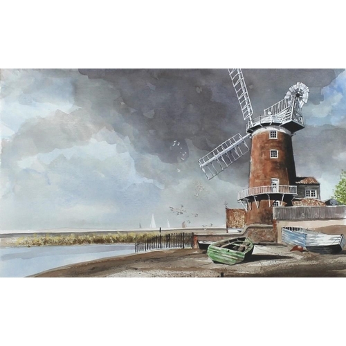 566 - Alan W. Hunt (British, 20th century): watercolour of Cley Mill, Norfolk, with fishing boats to the f... 