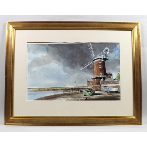 566 - Alan W. Hunt (British, 20th century): watercolour of Cley Mill, Norfolk, with fishing boats to the f... 