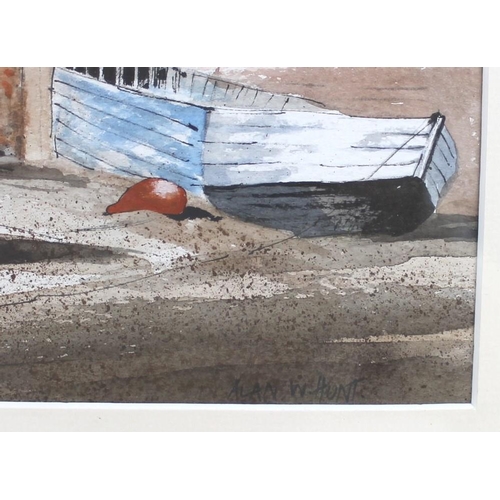 566 - Alan W. Hunt (British, 20th century): watercolour of Cley Mill, Norfolk, with fishing boats to the f... 