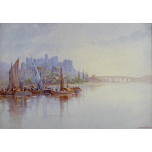 567 - Manson Cowan?: a study of a castle and bridge, watercolour, signed indistinctly, 25 by 35cm, togethe... 