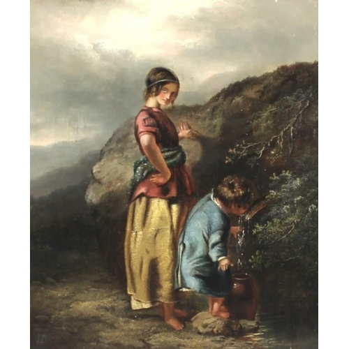 568A - MC or CM (19th century): a girl and a young boy drinking from a water spout, set within hills and mo... 