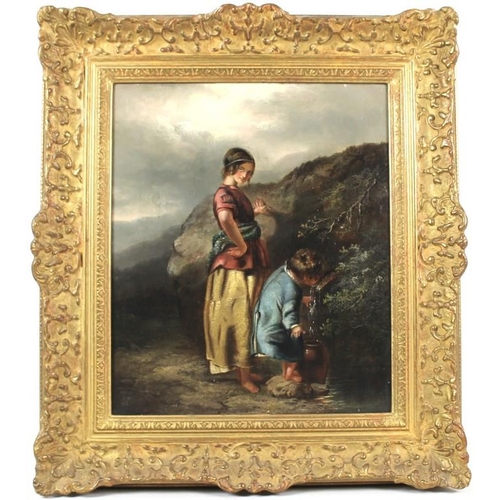 568A - MC or CM (19th century): a girl and a young boy drinking from a water spout, set within hills and mo... 