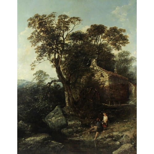 571A - Attributed to Alfred Stannard (British, 1806-1889): three figures by a rocky stream, a cottage and t... 