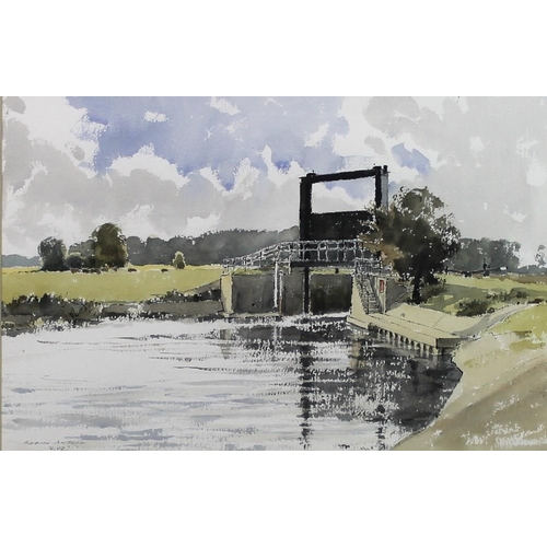 574 - Robin Ansell (British, 20th century): 'Cotterstock Lock', watercolour, signed lower left and dated O... 