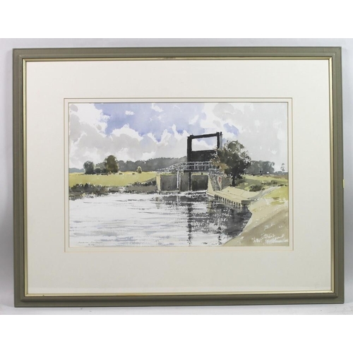 574 - Robin Ansell (British, 20th century): 'Cotterstock Lock', watercolour, signed lower left and dated O... 