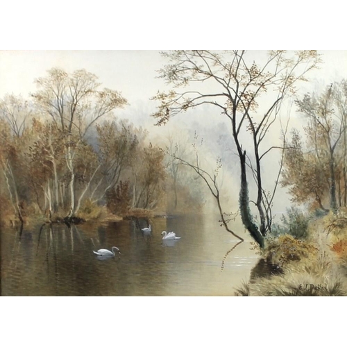 577 - Edward John Duval (British, fl.1876-1916): English autumnal landscape with swans on a river, waterco... 