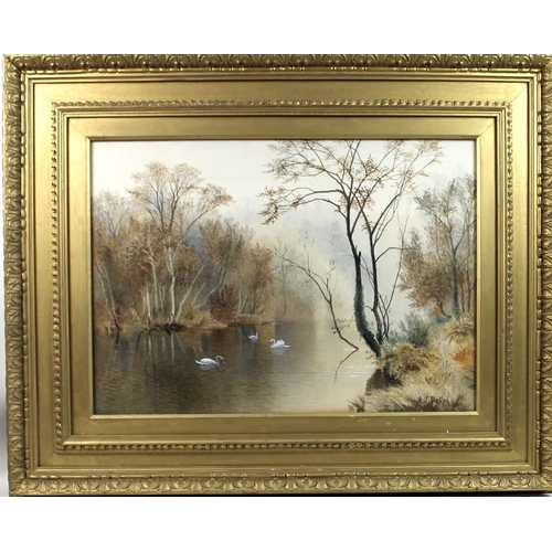 577 - Edward John Duval (British, fl.1876-1916): English autumnal landscape with swans on a river, waterco... 