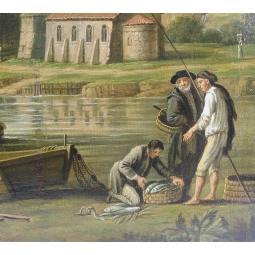 577A - Continental School (19th century): fishermen unloading their boat by a wooded lake, a pyramid, churc... 