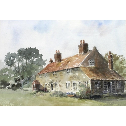 579 - Pat Newton: River Cottage, Westacre, Norfolk, watercolour, with title verso, 25 by 36cm.