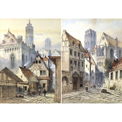 586 - Edwin St John (British, 1878-1961): a pair of Continental street scenes, with Cathedral spires in th... 