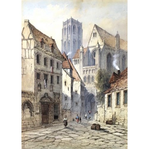 586 - Edwin St John (British, 1878-1961): a pair of Continental street scenes, with Cathedral spires in th... 