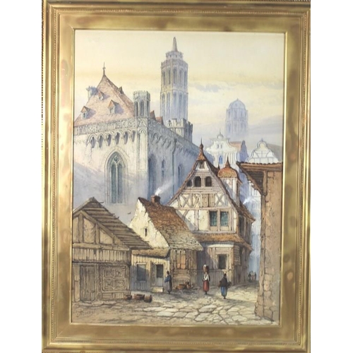 586 - Edwin St John (British, 1878-1961): a pair of Continental street scenes, with Cathedral spires in th... 