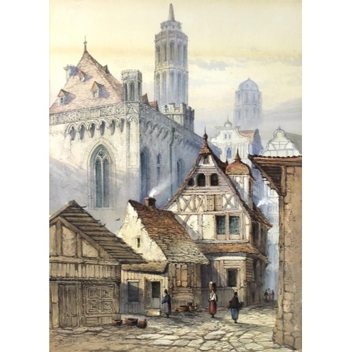 586 - Edwin St John (British, 1878-1961): a pair of Continental street scenes, with Cathedral spires in th... 