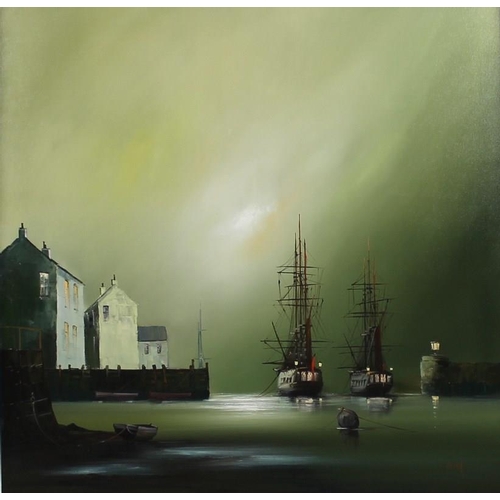 591 - Barry Hilton (British, b. 1941): Sailing ships in port by moonlight, acrylic on canvas, signed lower... 