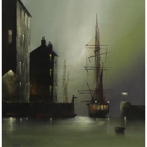 592 - Barry Hilton (British, b. 1941): 'Waiting for the Tide', a sailing ship in the harbour in moonlight,... 