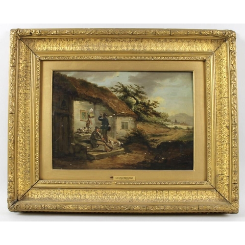 594A - Attributed to George Morland (British, 1763-1804): a country cottage with three figures and two dogs... 