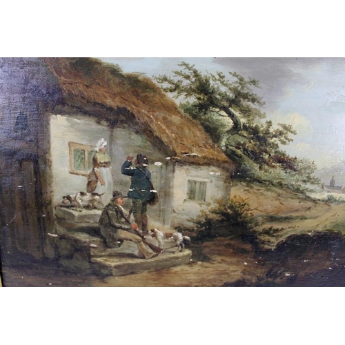 594A - Attributed to George Morland (British, 1763-1804): a country cottage with three figures and two dogs... 