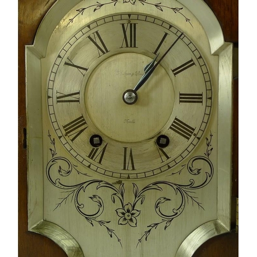 651 - A Victorian mahogany cased mantel clock, silvered dial with black Roman numerals, twin train WBK & F... 