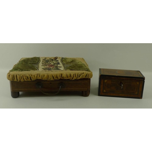 652 - A Victorian beadwork foot stool with lift lid warming compartment, missing metal bottle, rosewood ve... 