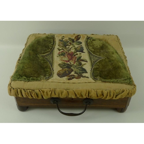 652 - A Victorian beadwork foot stool with lift lid warming compartment, missing metal bottle, rosewood ve... 