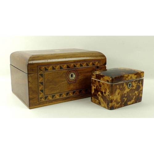 653 - A Tunbridge ware jewellery box with flat domed lid, tray below and mother of pearl escutcheon and lo... 