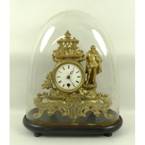 655 - A French gilt spelter figural mantel clock modelled as Shakespeare in his library, standing on a ope... 