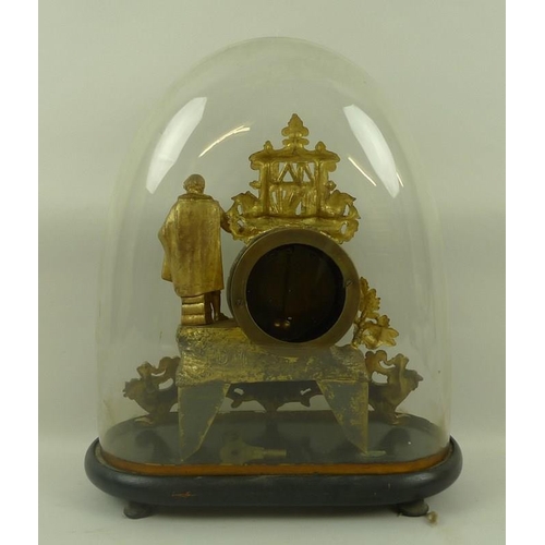 655 - A French gilt spelter figural mantel clock modelled as Shakespeare in his library, standing on a ope... 