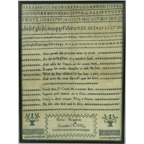 663 - An embroidered cross stitch sampler, dated December 18th 1832, monochromatic, sewn by Hester Humphri... 