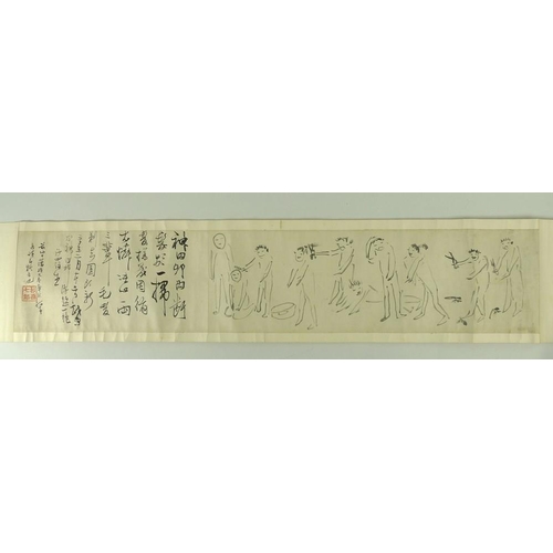 663A - A Chinese scroll naively painted with figures cutting hair, with a four character mark signature, on... 