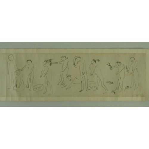 663A - A Chinese scroll naively painted with figures cutting hair, with a four character mark signature, on... 