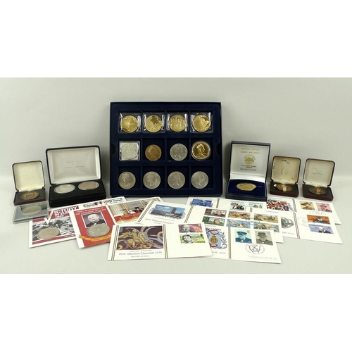 676 - A collection of Winston Churchill commemorative coins, and medallions, including a Britannia silver ... 