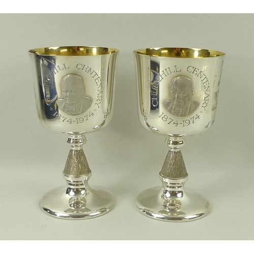 681 - A pair of silver commemorative Winston Churchill goblets, for Churchill's Centenary 1874-1974, with ... 