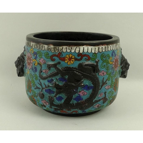 682 - A Chinese copper and cloisonne censer, heavily cast copper with enamel detail, decorated with dragon... 