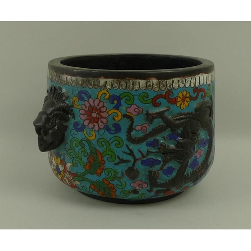 682 - A Chinese copper and cloisonne censer, heavily cast copper with enamel detail, decorated with dragon... 