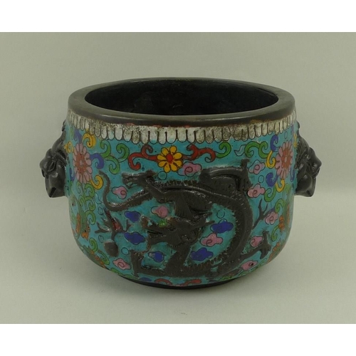 682 - A Chinese copper and cloisonne censer, heavily cast copper with enamel detail, decorated with dragon... 