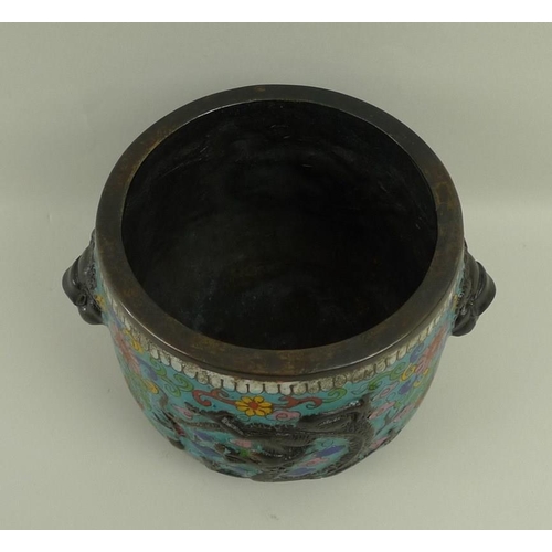 682 - A Chinese copper and cloisonne censer, heavily cast copper with enamel detail, decorated with dragon... 