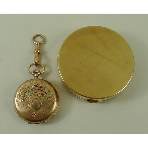 693 - A 9ct gold pill box, 18.3g, and a lady's 9ct gold cased pocket watch, the enamel dial with Roman num... 