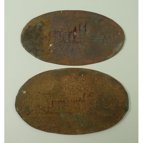 694 - A pair of oval copper castings of Balmoral castle from different aspects, trial castings designed, m... 