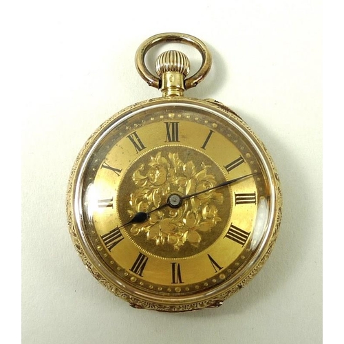 695 - A Victorian 18ct gold cased lady's open faced pocket watch, keyless wind, with Roman numerals to the... 