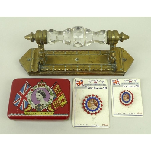 696 - A carriage handle, cut glass and brass, circa 1800 mounted on a wood base, an E.R. tin box, and two ... 