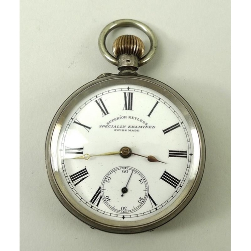 697A - An 800 grade silver metal open faced, keyless wind, pocket watch, white enamel dial with black Roman... 