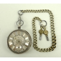 A gentleman's silver cased pocket watch, with engine turned case, engraved silvered dial with Roman ... 