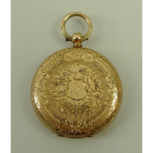 706 - A Victorian 14ct gold cased lady's open faced pocket watch, key wind, with Roman numerals and blued ... 