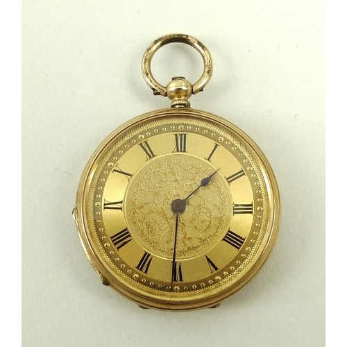 709 - A Victorian 14ct gold cased lady's open faced pocket watch, key wind, with Roman numerals to the cha... 