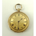 A Victorian 14ct gold cased lady's open faced pocket watch, key wind, with Roman numerals to the cha... 