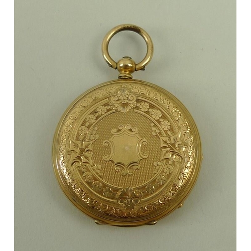 709 - A Victorian 14ct gold cased lady's open faced pocket watch, key wind, with Roman numerals to the cha... 