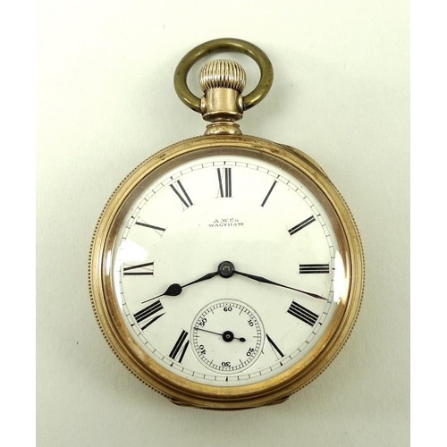 713 - An American 14k gold cased pocket watch, open face, keyless wind, the white enamel dial with subsidi... 