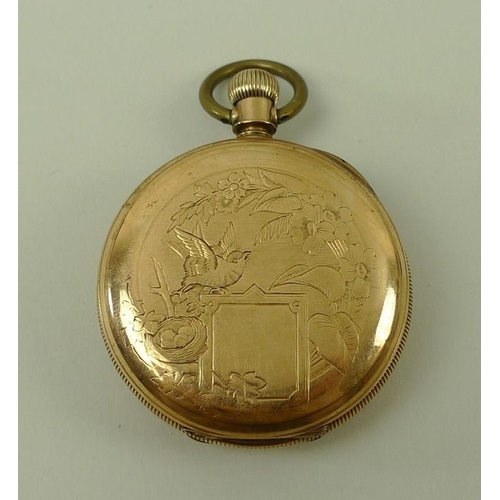 713 - An American 14k gold cased pocket watch, open face, keyless wind, the white enamel dial with subsidi... 