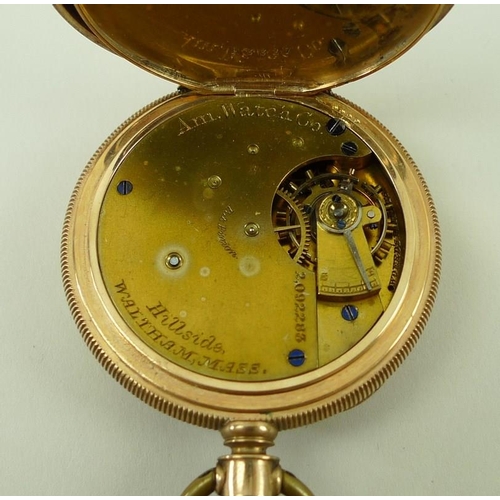 713 - An American 14k gold cased pocket watch, open face, keyless wind, the white enamel dial with subsidi... 